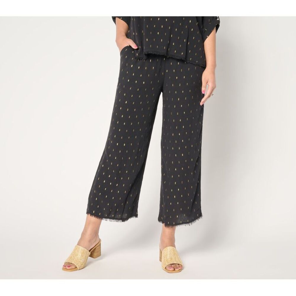 Susan Graver Women's Petite Pants PXL Soleil Lurex Clip Dot Wide Black A690140